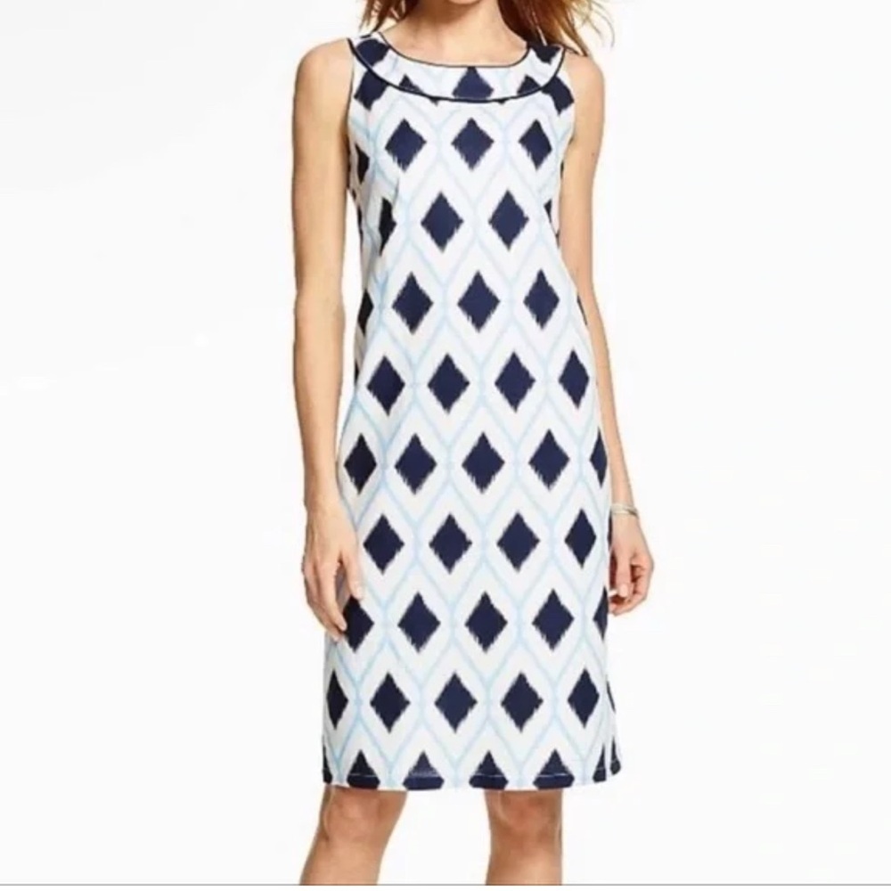 Talbots Blue White Linen Sleeveless‎ Dress Knee Length Spring Wedding Guest
